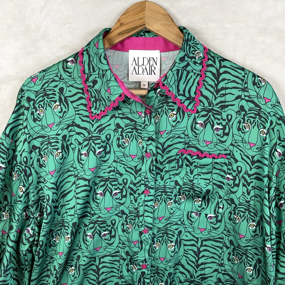 Alden Adair Lottie Blouse Green Tiger Print Pink Ric Rac Trim Medium Maximalism